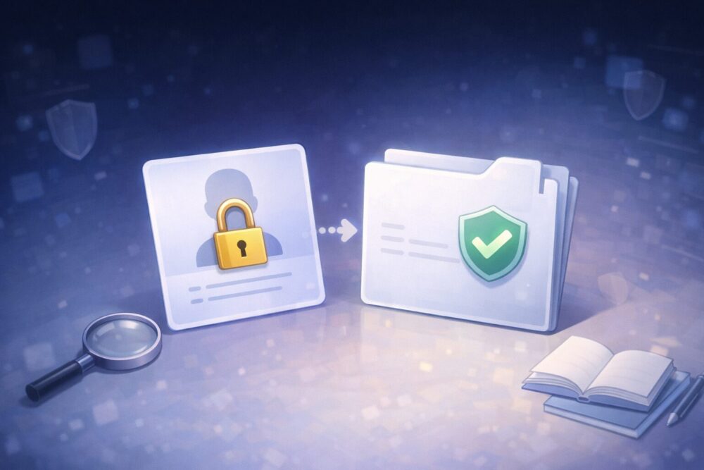 前世情報が非公開であることを示す、鍵付きプロフィールカードと公式チェックの書類ファイルのビジュアル