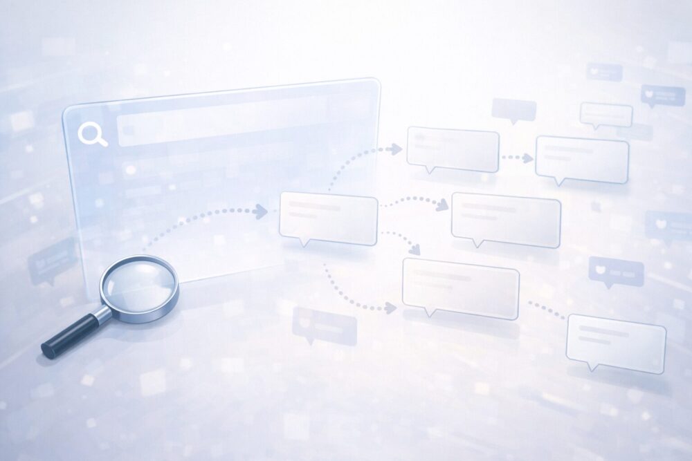 検索窓風の透明パネルからカードが連鎖する、前世ワードが検索される流れを表したイメージ