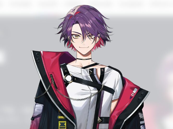 渡会雲雀の上半身立ち絵(紫髪に赤の差し色、白シャツとピンク×黒の衣装を着たVTuberキャラクター)