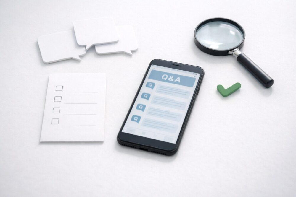 比嘉愛未の結婚・離婚など疑問をQ&A形式で整理するイメージ（スマホとチェックリスト）