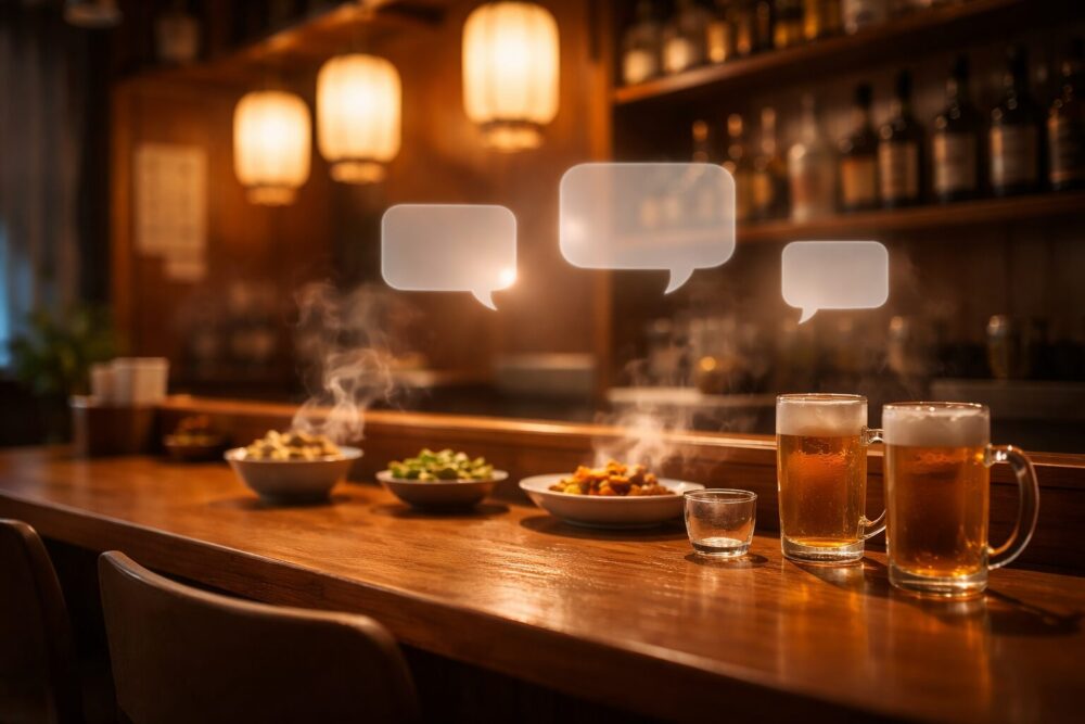 飯島直子のトーク番組の雰囲気を表す、居酒屋カウンターの温かいイメージ