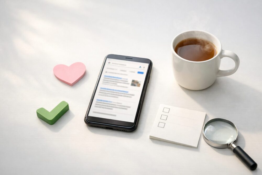 飯島直子の「息子」検索意図を表す、スマホ検索画面とチェックマークのイメージ