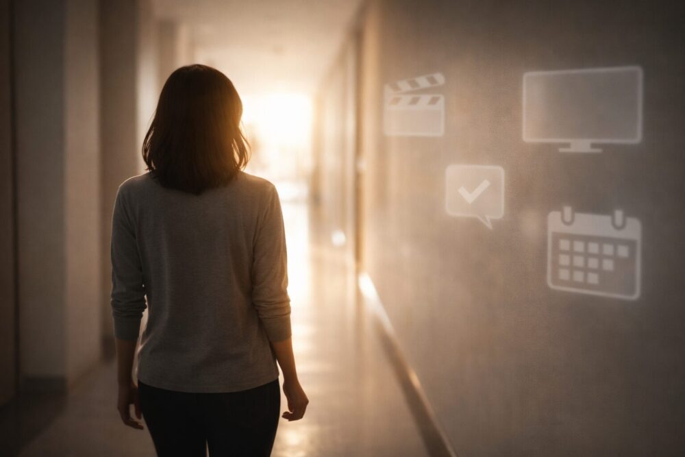 飯島直子の2024年以降の最新トピックスを表す、前に進む後ろ姿と作品アイコンのイメージ