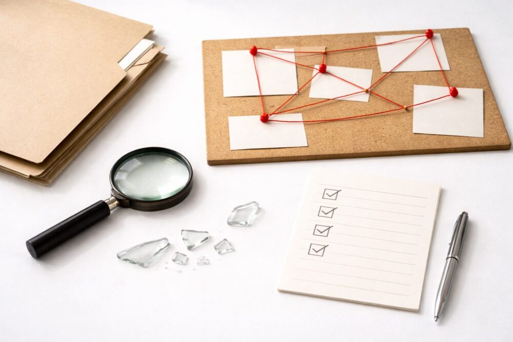 片山友希 ドラマ『消せない「私」』のサスペンス要素を示すイメージ(証拠フォルダと赤い糸)