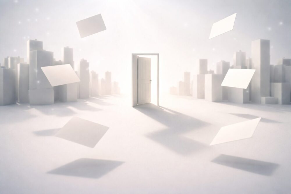 片山友希 ドラマ『世にも奇妙な物語』回をイメージした不思議な都市オブジェ(浮遊するカード)