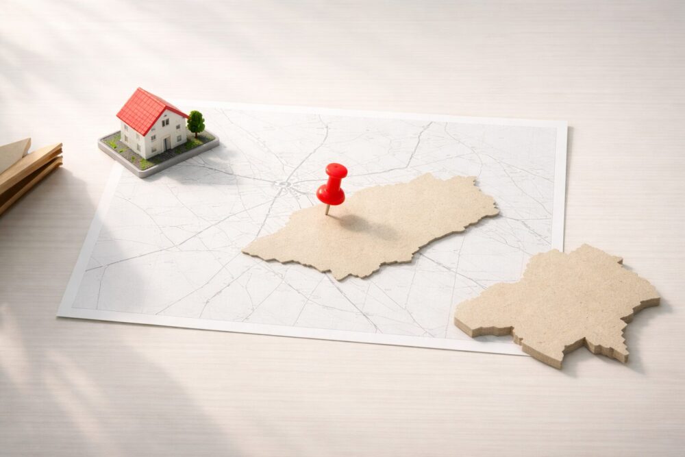 菊川怜の実家は埼玉県まで確認できることを示す地図ピンと家模型のイメージ