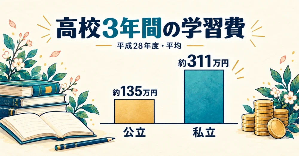 高校3年間の学習費、公立135万円と私立311万円の比較