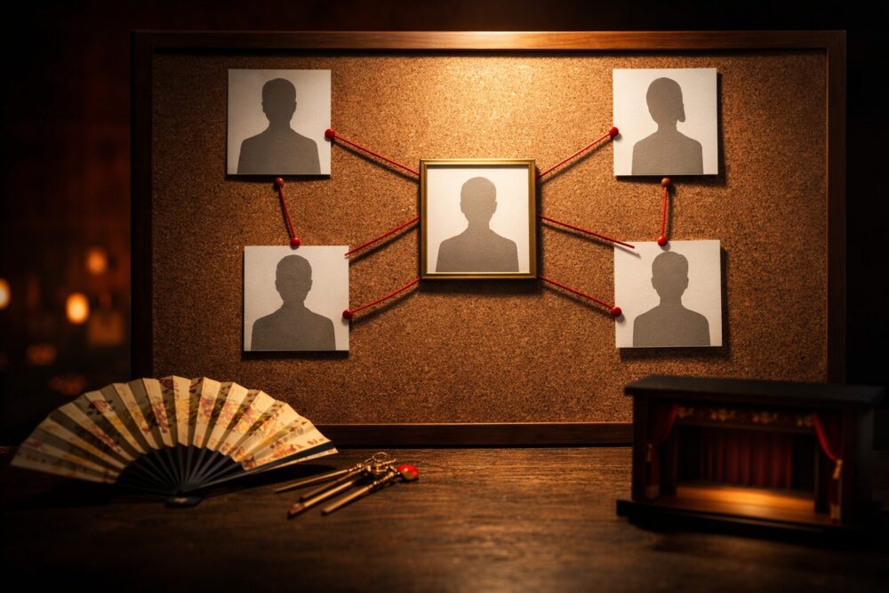 映画『国宝』の人物相関を整理するイメージ(糸でつながる無地カードと歌舞伎小物)