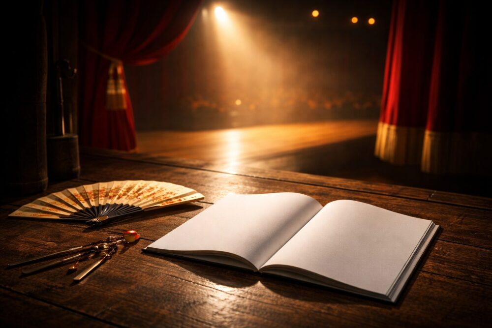 映画『国宝』のあらすじをイメージした舞台袖(無地の台本と扇子、赤い緞帳)