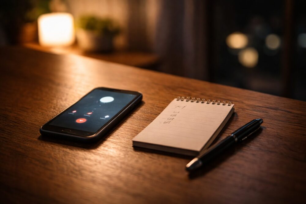 小芝風花と父親のエピソードを“距離感”として伝えるイメージ（通話中のスマホとメモ）