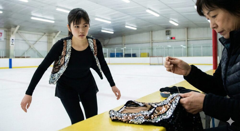 フィギュアスケートの練習に励む小芝風花さんと、傍らで手作りの衣装にスパンコールを縫い付ける母親のイメージ。実家が金持ちという噂を覆す献身的なエピソードを表現。