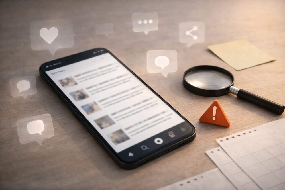 SNSやまとめ情報を検証して整理するイメージ（スマホと虫眼鏡）