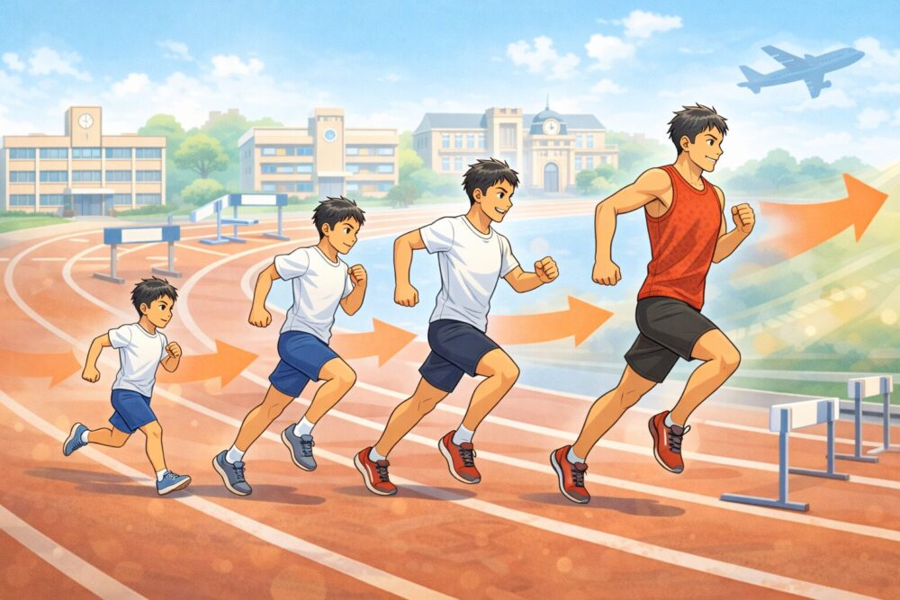 村竹ラシッドの経歴（学校から社会人アスリートまで）をタイムライン風に表現した漫画イラスト（文字なし）