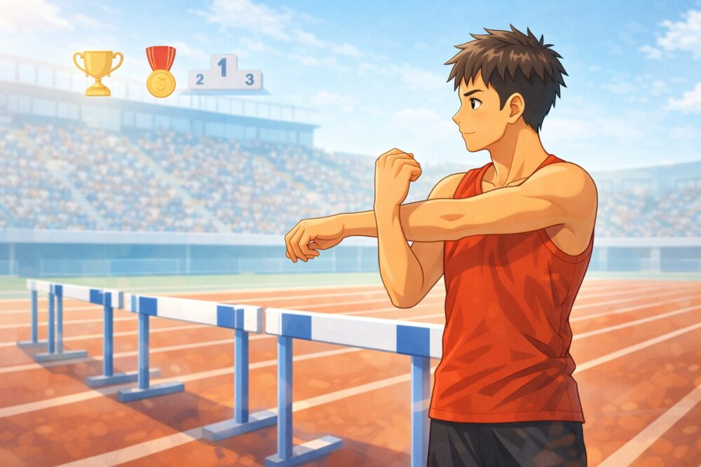 村竹ラシッドの高校時代（松戸国際高校）の110mハードル実績をイメージした漫画風イラスト（インターハイ中心）
