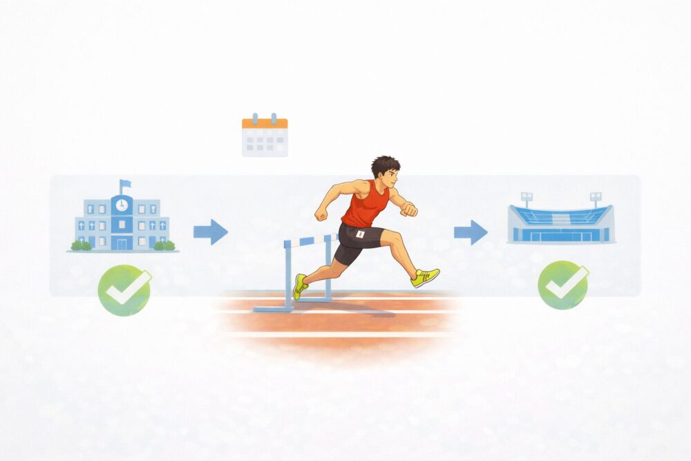 村竹ラシッドの高校（2018〜2019）110mハードル記録を年表で整理するイメージの漫画風画像