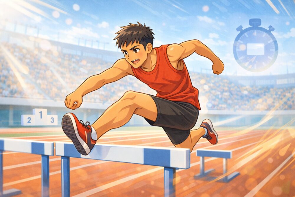 村竹ラシッドの最近の活躍（世界大会や記録更新）を連想させる漫画風イラスト（110mハードル）