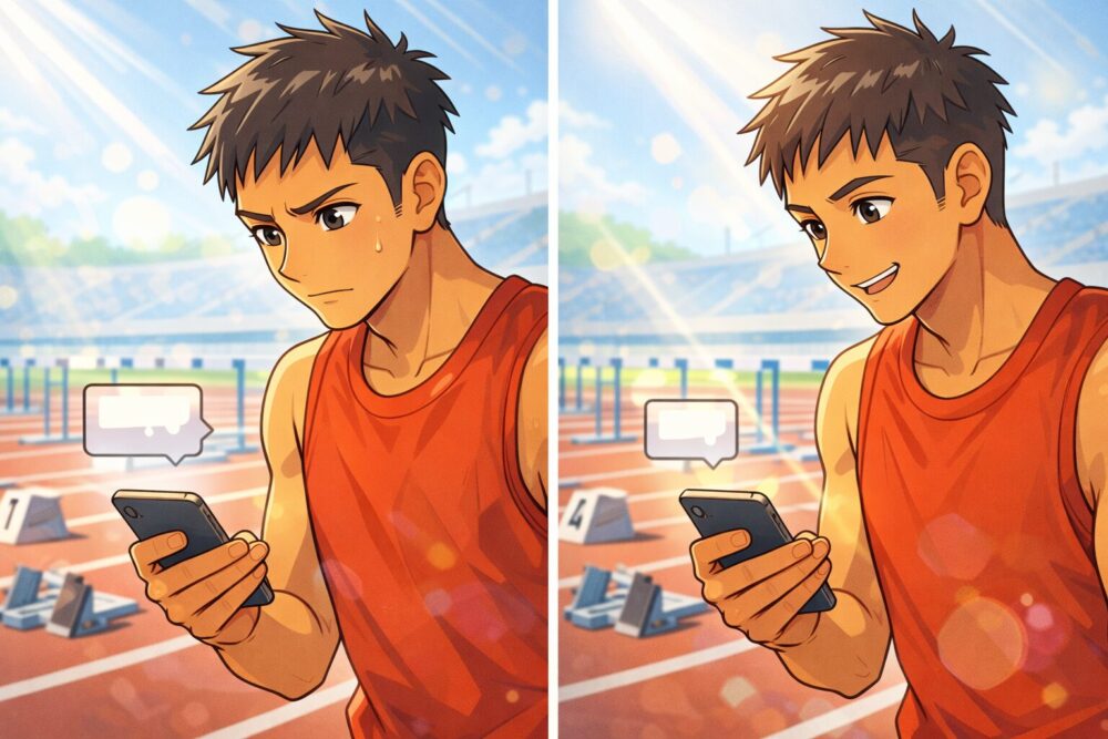 母からのLINEで気持ちを切り替える村竹ラシッドをイメージした漫画風イラスト（スマホの吹き出しは無地）