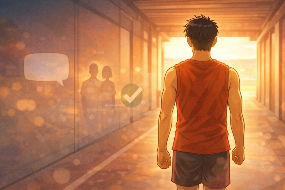 母の一言に背中を押され前へ進む村竹ラシッドをイメージした漫画風イラスト（後ろ姿・光の方向へ）