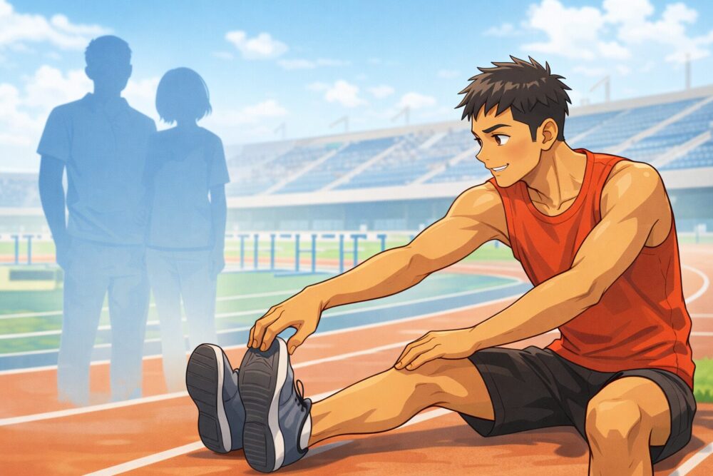 村竹ラシッドの両親（父・母）をテーマに、競技場で見守る家族シルエットと選手を描いた漫画風イラスト