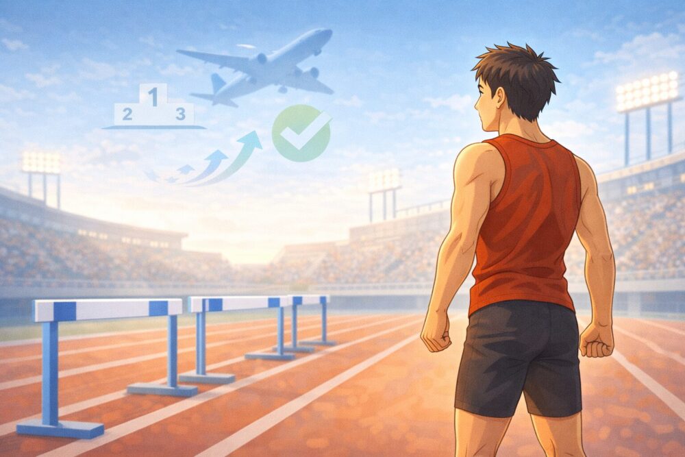 村竹ラシッドの大学卒業後（社会人以降）の主なトピックを示す漫画風イメージ（110mハードル）