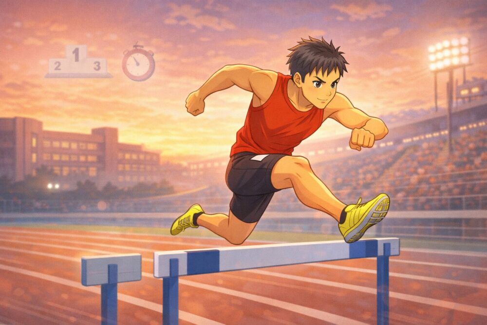 村竹ラシッドの大学時代（順天堂大学）の110mハードル記録・インカレ実績を表す漫画風イラスト