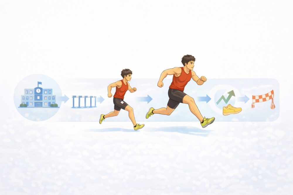 村竹ラシッドの大学（2020〜2023）110mハードルの記録推移を年表で示す漫画風イメージ