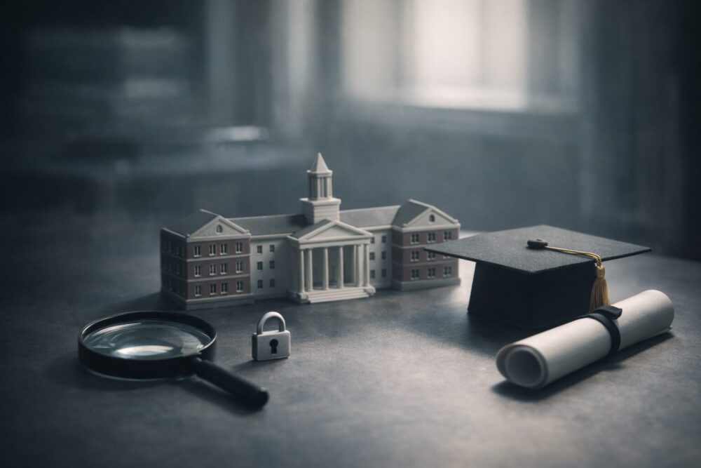 野内まるの大学情報が検索される話題を表すキャンパス風オブジェと虫眼鏡(文字なし)