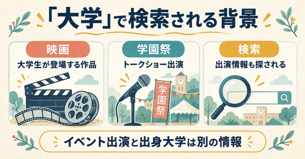 映画と学園祭が大学検索につながる様子を表す図