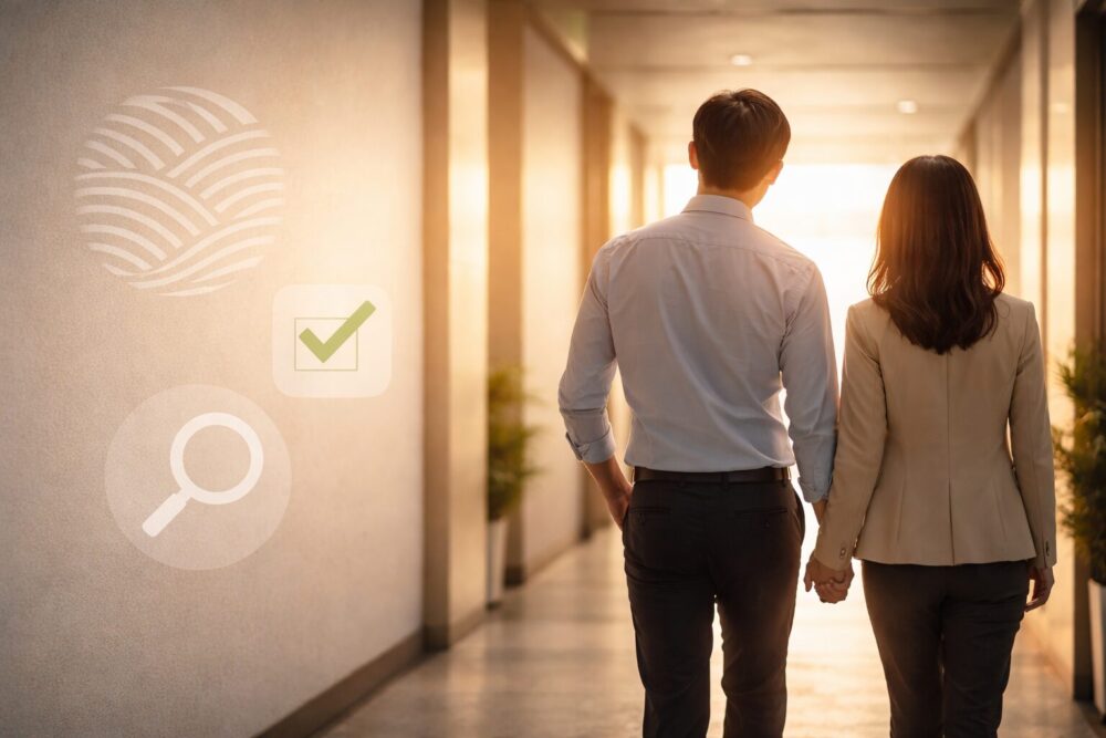 猿田佐世の夫について公表範囲で整理するイメージ（後ろ姿の2人と抽象アイコン）