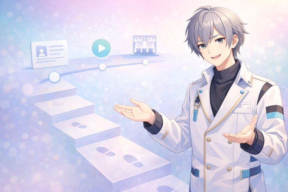 セラフ・ダズルガーデン風VTuberが初心者向けに最短で追う手順をステップで案内するイラスト