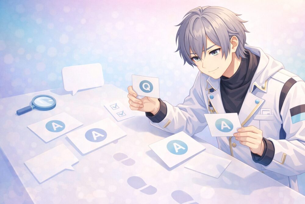 セラフ・ダズルガーデン風VTuberが前世や身長などのよくある質問をカードで整理して解説するイラスト