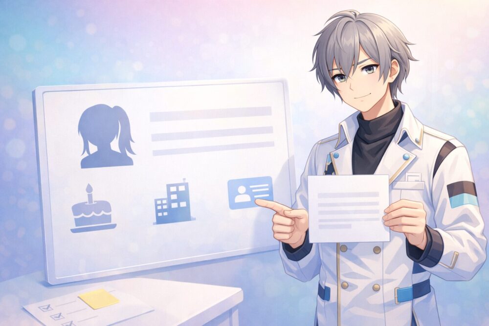 セラフ・ダズルガーデン風VTuberが公式ベースのプロフィール項目をカードで整理して紹介するイラスト