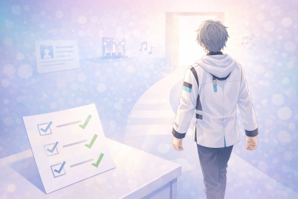 セラフ・ダズルガーデン風VTuberが確定情報を整理し、活動へ進む流れをまとめとして示すイラスト