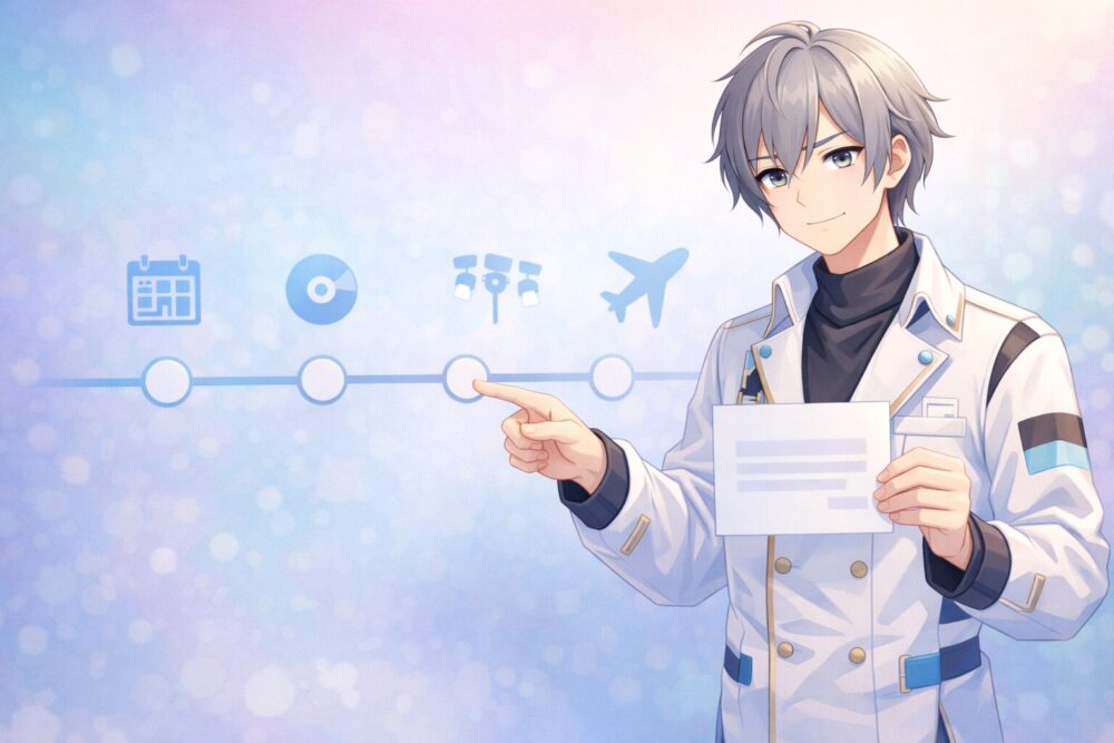 セラフ・ダズルガーデン風VTuberが2024年以降のトピックスをタイムラインで時系列整理するイラスト