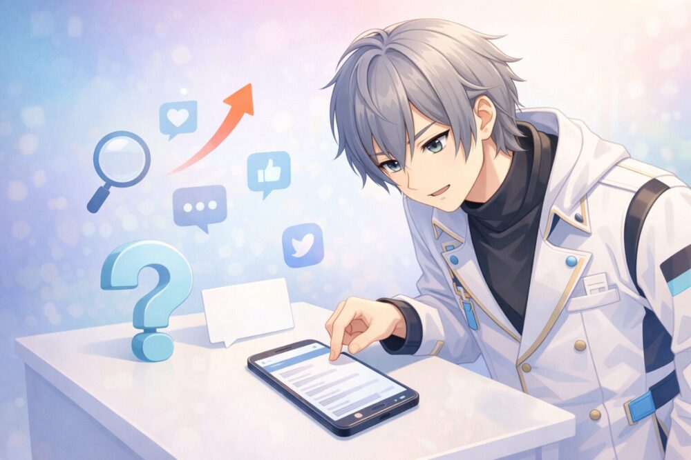 セラフ・ダズルガーデン風VTuberが「前世」が検索される経緯をスマホ画面のイメージで解説するイラスト