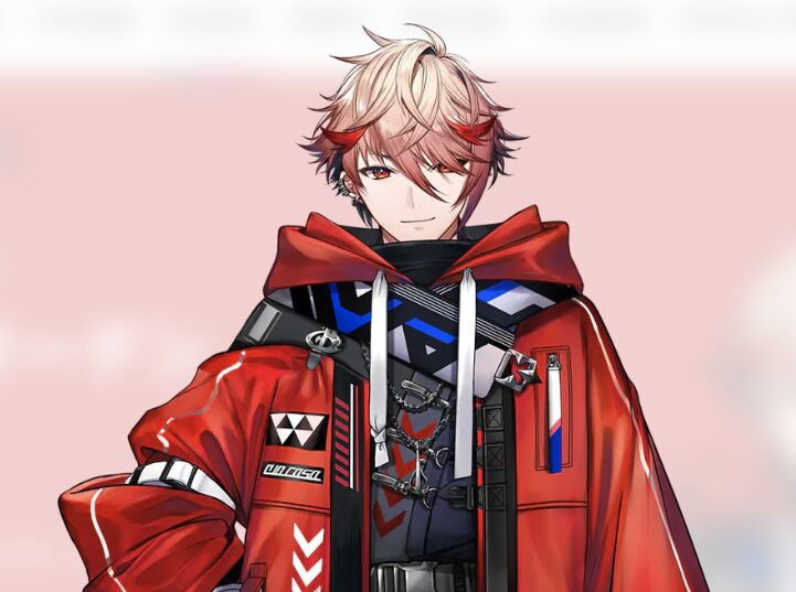 渡会雲雀の所属ユニットVOLTACTIONメンバー・セラフ・ダズルガーデンのイラスト(赤いフーディー衣装の上半身ビジュアル)