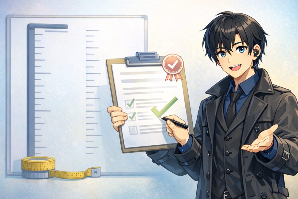 四季凪アキラの身長情報を、公式資料の根拠確認として表現したイラスト