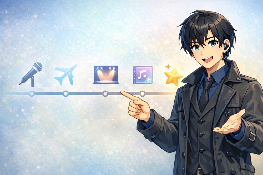 四季凪アキラの2024年以降の最新トピックスを、アイコンの時系列でまとめたイラスト