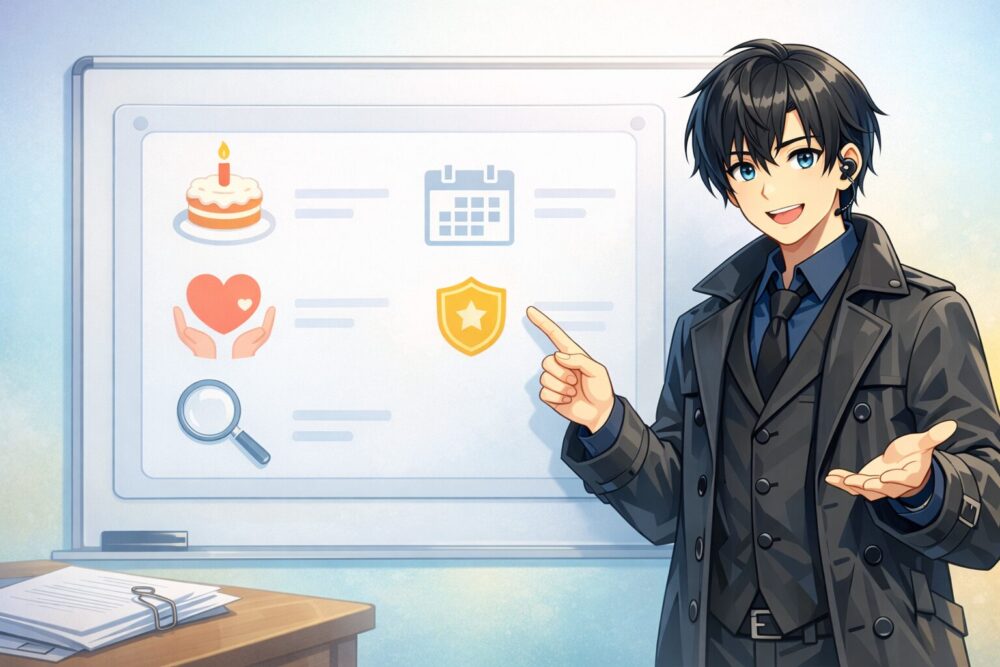 四季凪アキラの公式プロフィール項目を、アイコンで分かりやすく整理したイラスト