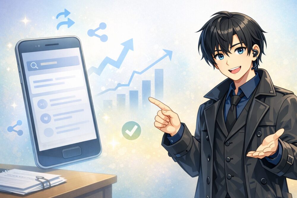 四季凪アキラの「前世」検索が増える背景を、検索画面と上昇グラフで表したイラスト