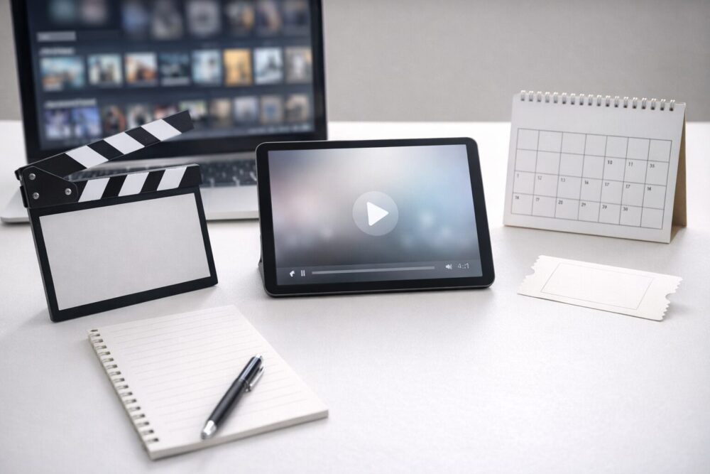 白石麻衣の2024年以降の出演・活動トピックスを象徴する、映像作品アイコンのデスク写真