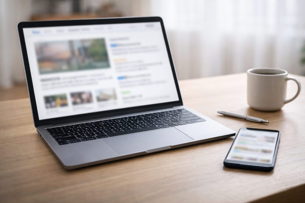 高橋克典の公式ブログを確認するイメージ（PCとスマホのブログ画面風レイアウト）