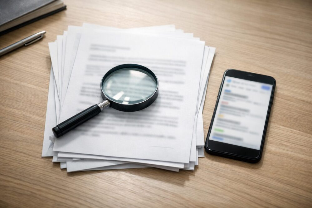 高橋克典の前妻の噂を事実確認するイメージ（虫眼鏡と資料、検索画面風スマホ）