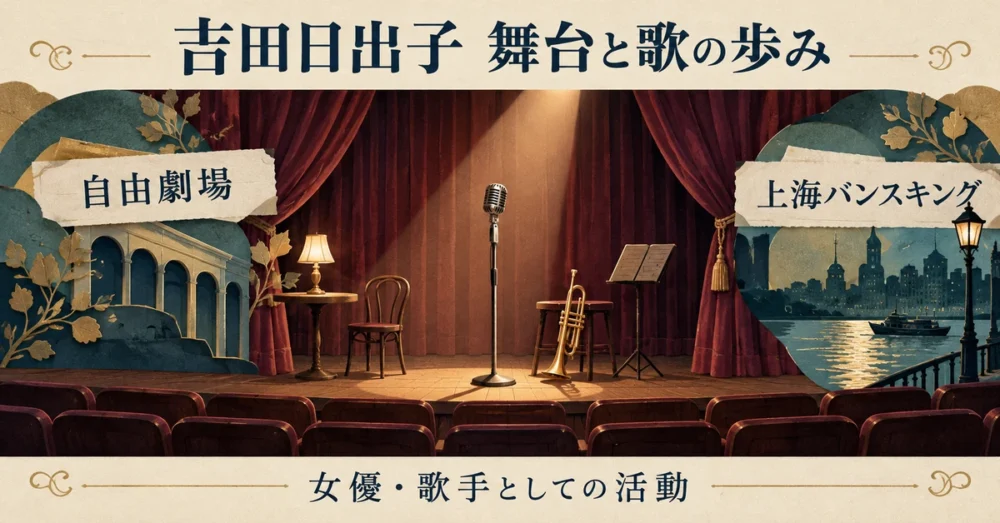 吉田日出子の舞台と歌の活動を表す劇場とマイク
