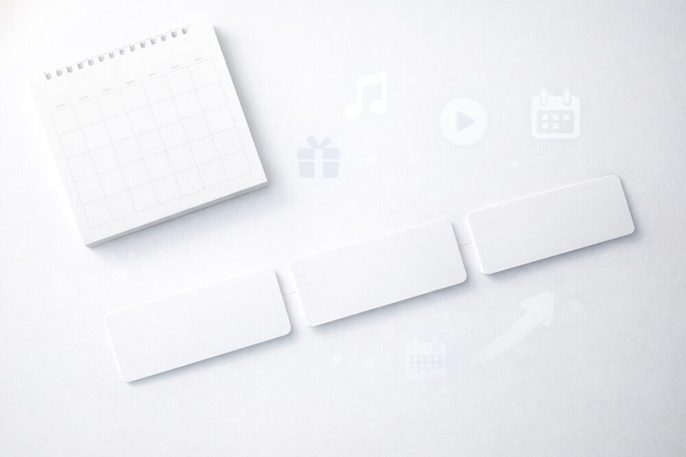 渡会雲雀の2024年以降の最新トピックスを年表で整理するイメージ(カレンダーとカード)