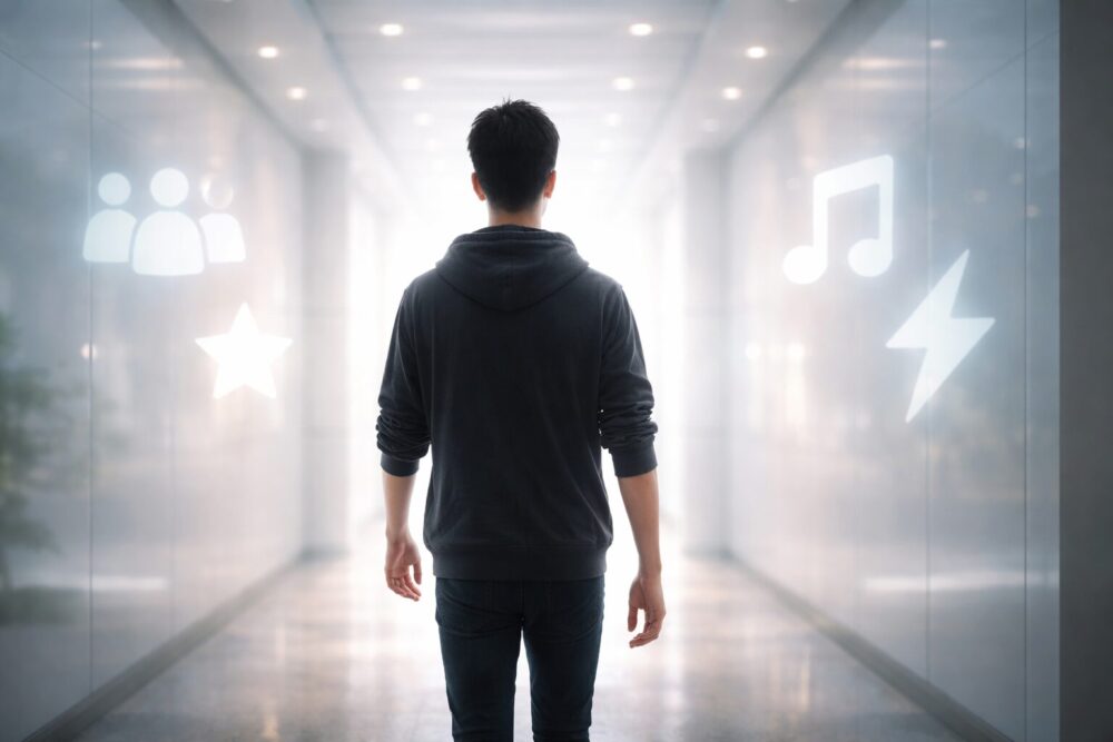 渡会雲雀の人物像とユニット活動をイメージした回廊のビジュアル(前へ進む雰囲気)