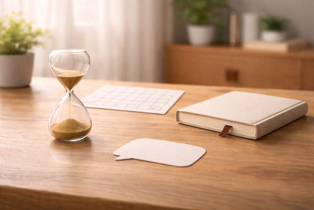 山崎怜奈の父親の言葉(忍耐)を象徴するイメージ(砂時計と本)