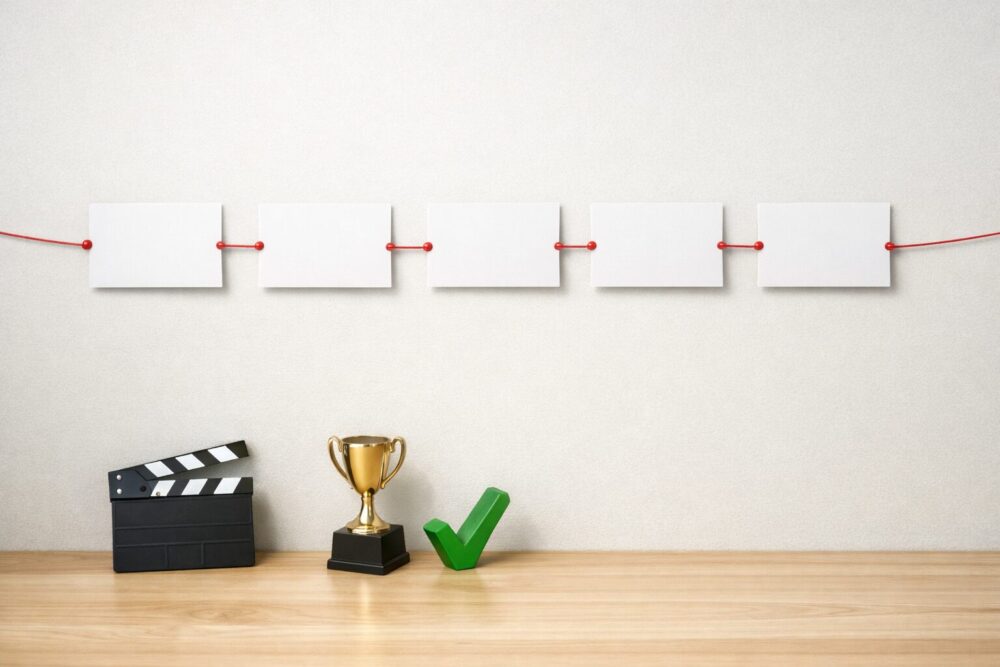 吉沢亮の経歴を年表で整理するイメージ(無地カードのタイムラインと映画小物)