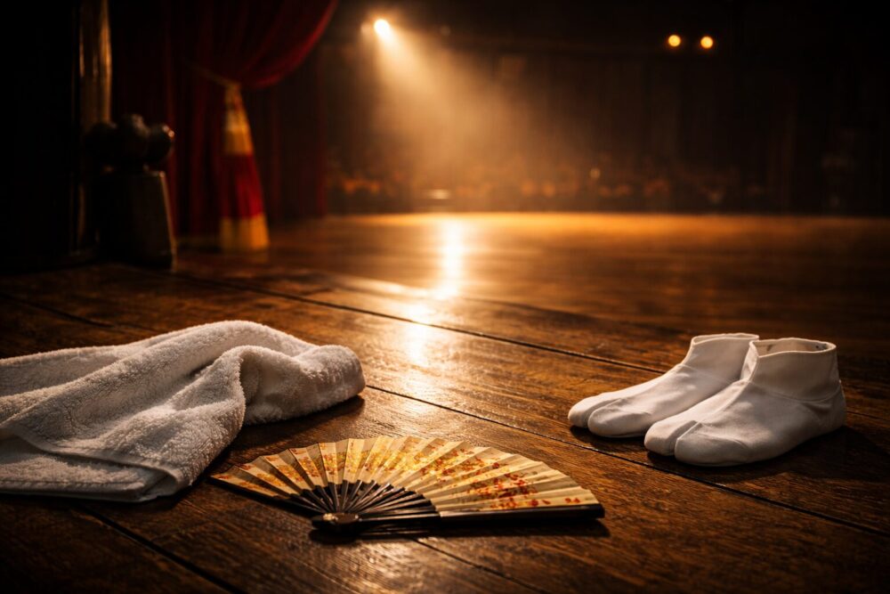 吉沢亮『国宝』の稽古・撮影エピソードを想起する稽古場イメージ(扇子とスポットライト)