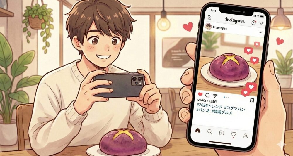 2026年にコグマパンが再流行している理由を表現したイラスト。韓国風のおしゃれなカフェで、男性が本物そっくりのコグマパンをスマートフォンで撮影している。スマホの画面にはSNSの投稿画面が表示され、「#2026トレンド」「#パン活」といったハッシュタグや、たくさんの「いいね」がついている様子が描かれている。